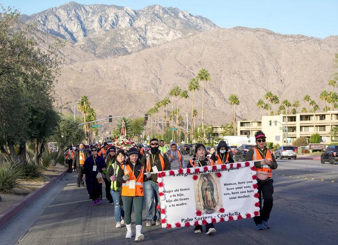 Catholics walk in the Virgen de Guadalupe pilgrimage through the Coachella Valley, Dec. 12, 2024.