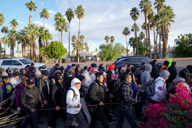 Catholics walk from Palm Springs to Coachella during the annual Virgen de Guadalupe pilgrimage through the Coachella Valley, Dec. 12, 2024.