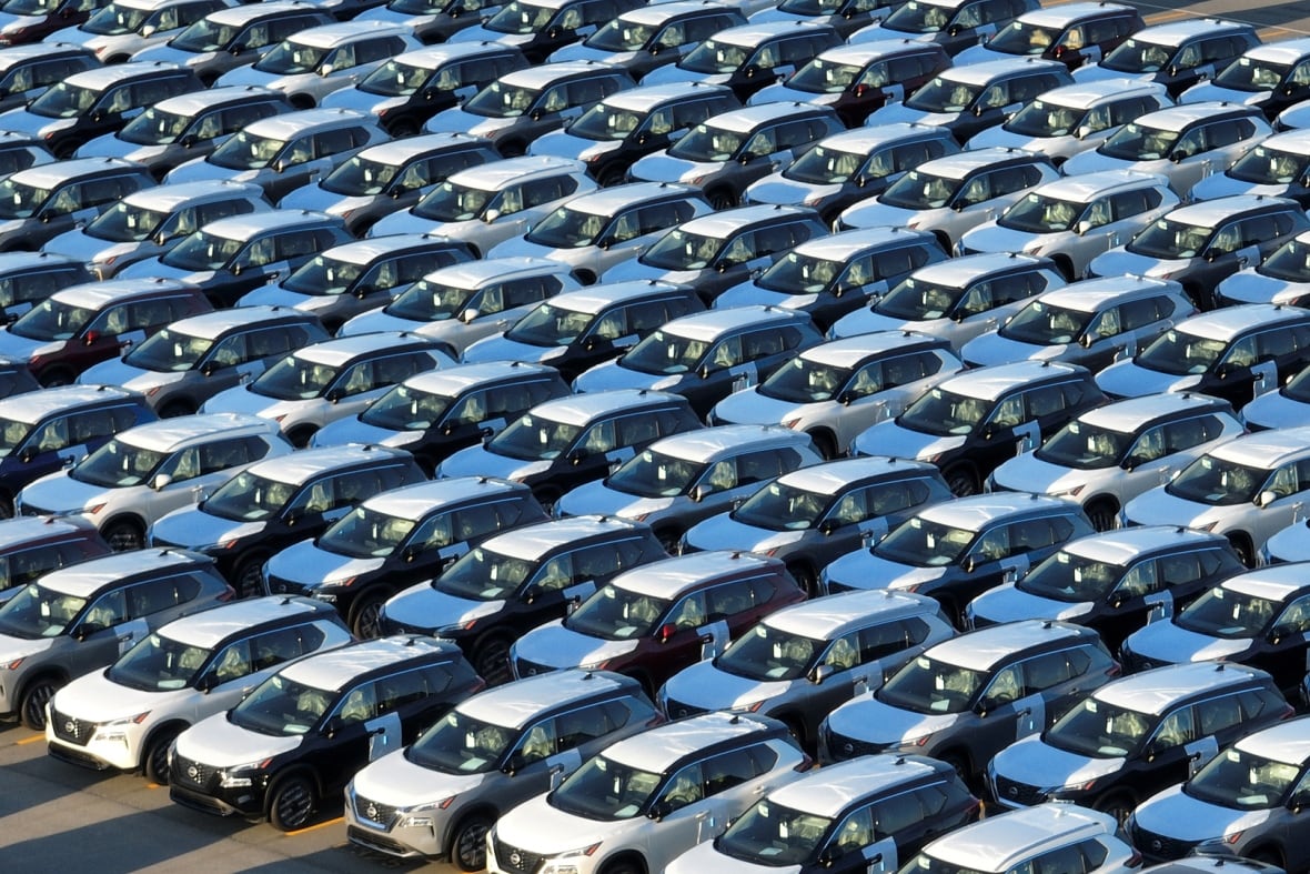 New vehicles parked in rows in a lot.