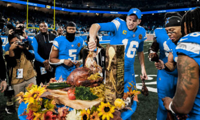 Detroit Lions QB Jared Goff gets his Thanksgiving turkey following Detroit Lions' win over Chicago Bears