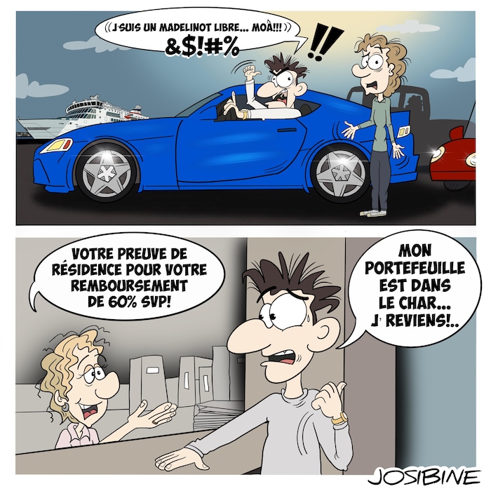 Deux dessins superposés. Dans celui du haut, on voit une voiture rutilante et le conducteur qui dit : « J'suis un madelinot libre... môa!!! », alors que sur le dessin du dessous, le même madelinot dit se fait demander « Votre preuve de résidence pour votre remboursement de 60 % svp ! » et le conducteur lui répond : « Mon portefeuille est dans le char... j'reviens! »