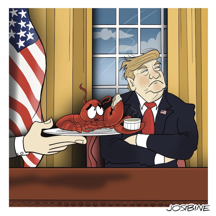 Un dessin d'une main qui offre un plateau avec un homard au président Donald Trump qui détourne la tête pour ne pas se laisser amadouer.