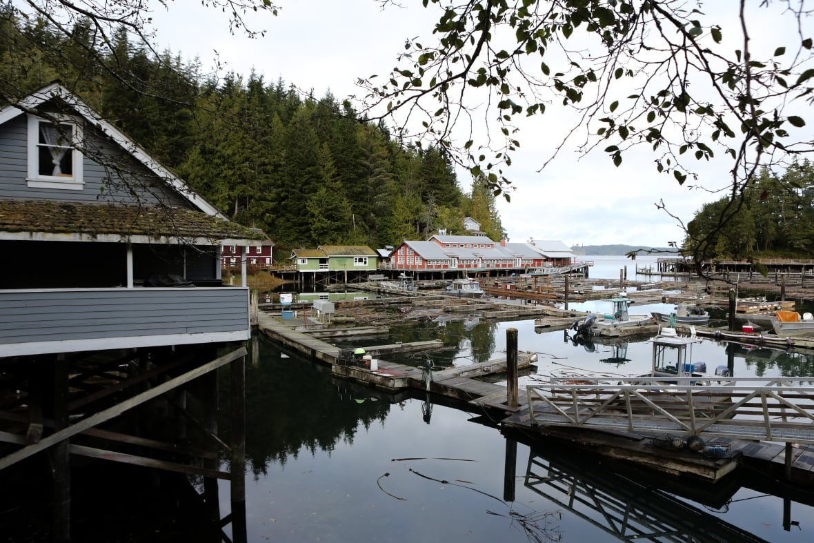 A boardwalk and pier in a small Pacific Northwest community.