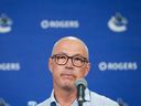 Vancouver Canucks general manager Patrik Allvin pauses while speaking during a news conference ahead of the NHL hockey team's training camp, in Penticton, B.C., on Wednesday, September 18, 2024.