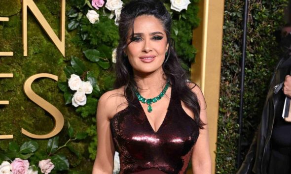 Salma Hayek Embraces Her Gray Hair in Vampy Sequin Gown and Tons of Jewels on Golden Globes 2025 Red Carpet