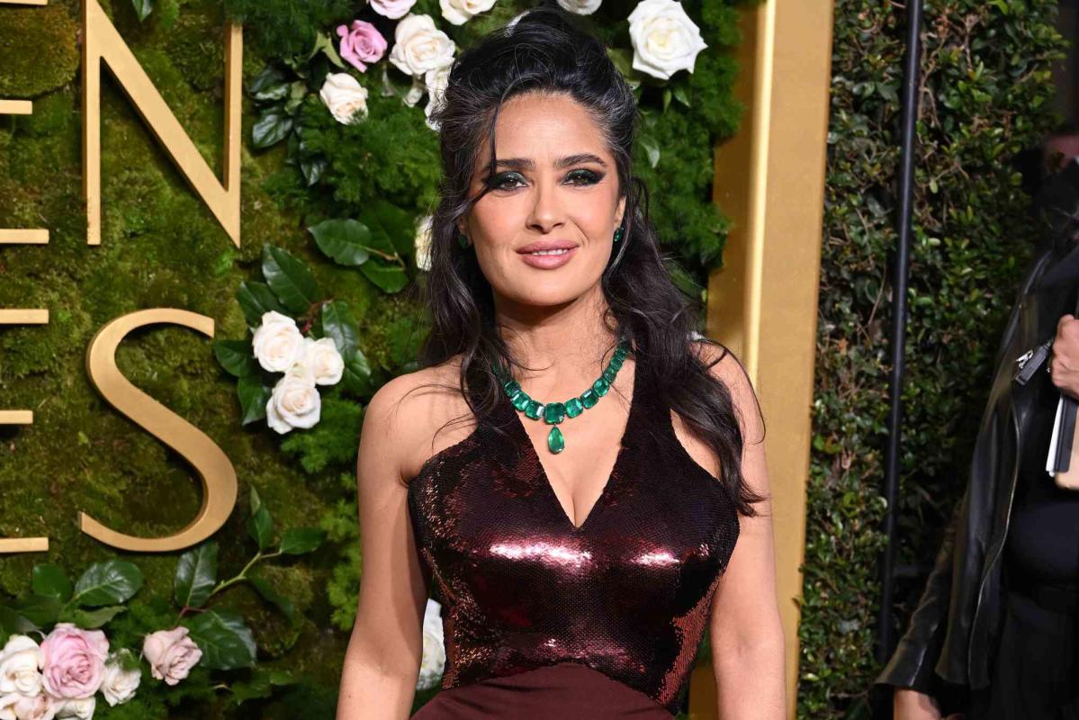 Salma Hayek Embraces Her Gray Hair in Vampy Sequin Gown and Tons of Jewels on Golden Globes 2025 Red Carpet