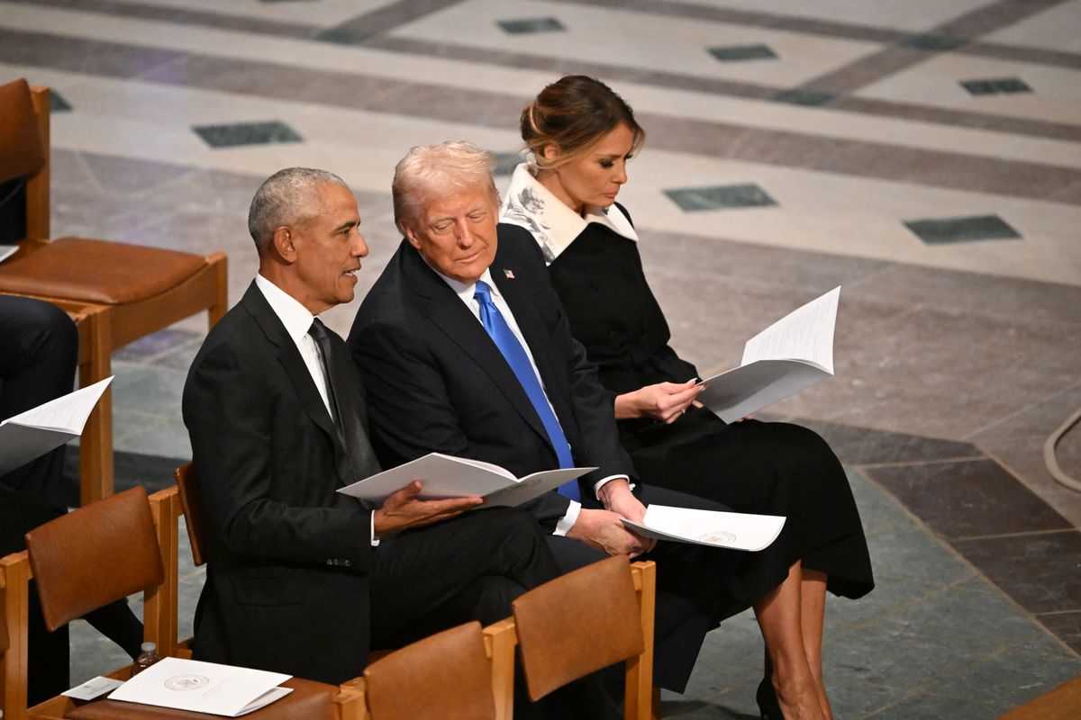 Former US President Barack Obama, President-elect Donald Trump and former First Lady Melania Trump arrive to attend the State Funeral Service for former US President Jimmy Carter 