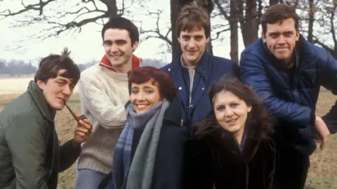 Cambridge Footlights Revue - Picture shows (l-r ) Stephen Fry, Tony Slattery, Emma Thompson, Paul Shearer, Penny Dwyer and Hugh Laurie.