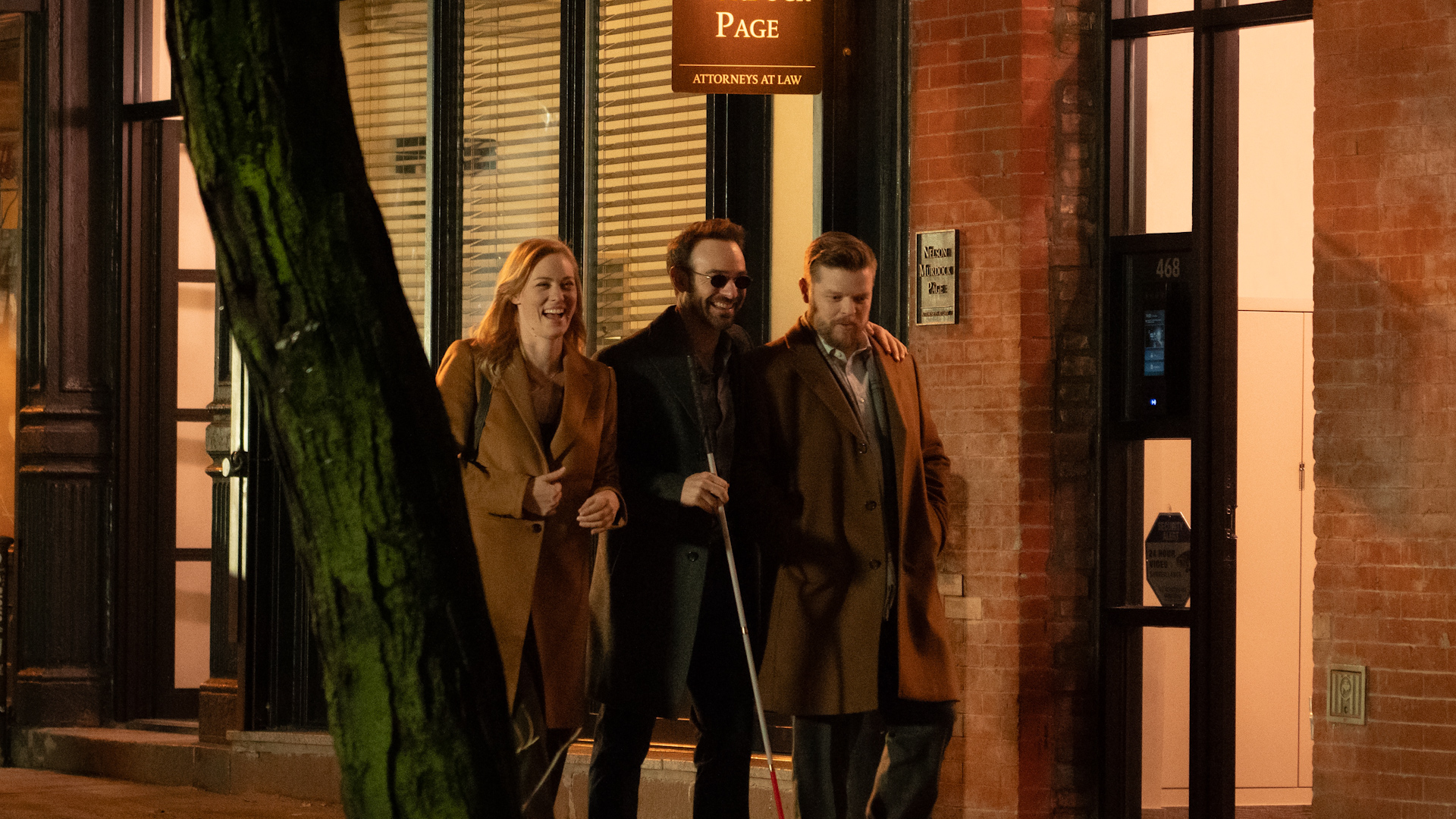 Karen Page (Deborah Ann Woll), Daredevil/Matt Murdock (Charlie Cox) and Foggy Nelson (Elden Henson) in 