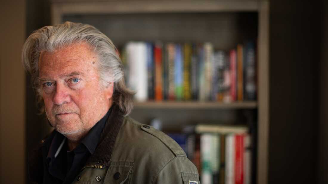 Steve Bannon, former White House Chief Strategist and host of the War Room podcast, poses for a portrait inside his home podcast studio in Washington, D.C.