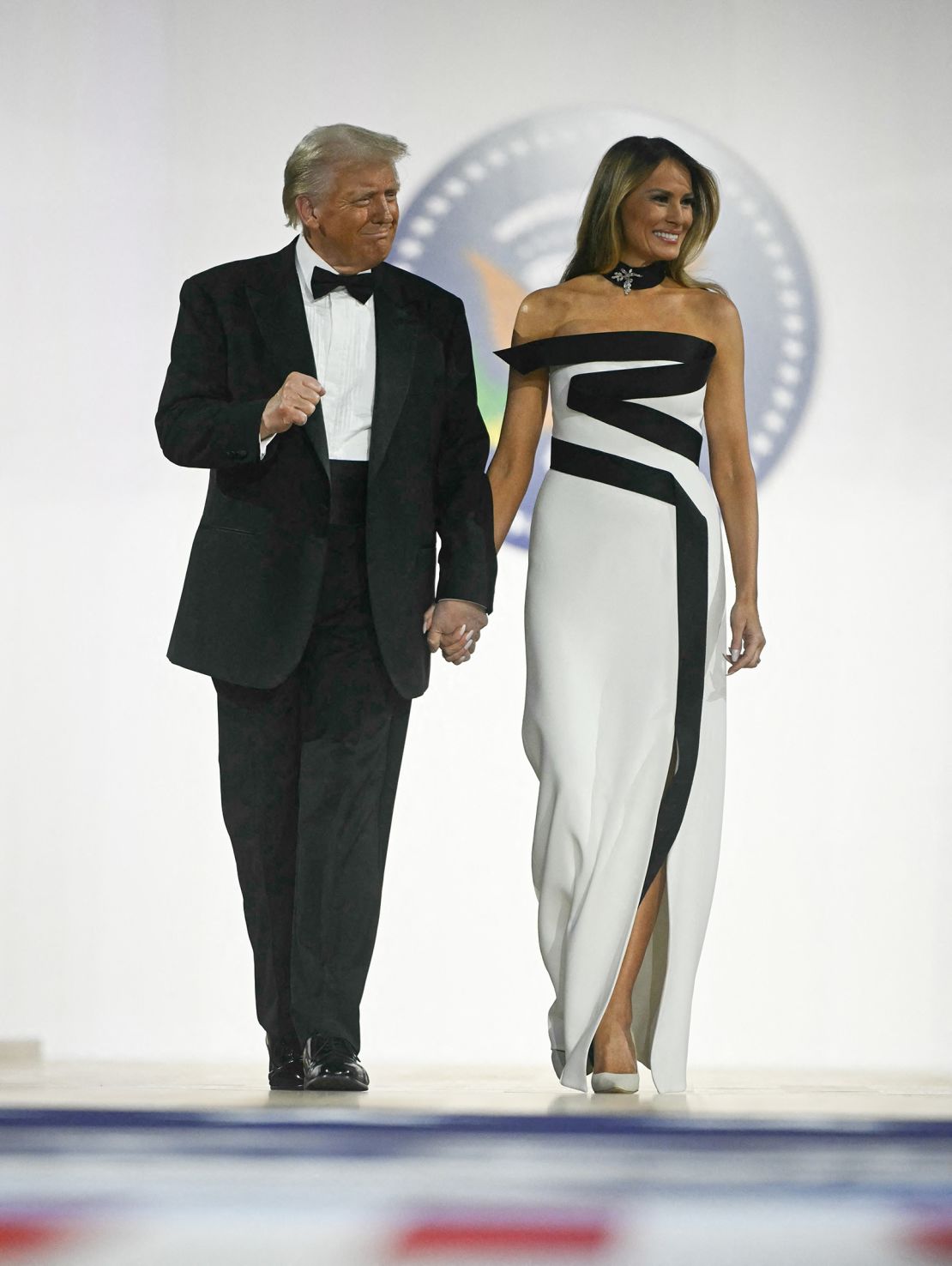 Melania Trump pictured in a Hervé Pierre creation at the Commander-In-Chief inaugural ball. Pierre said on Instagram that the gown's zigzag was inspired by a 