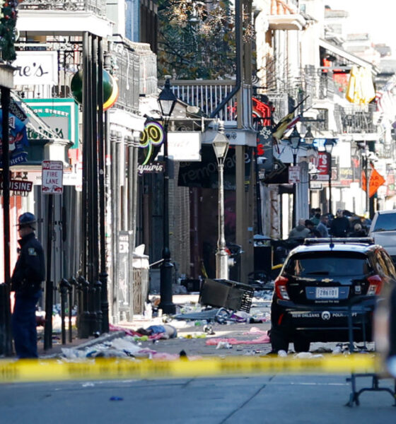 Debris is left along Bourbon Street after a pickup truck was driven into a large crowd in the French Quarter of New Orleans