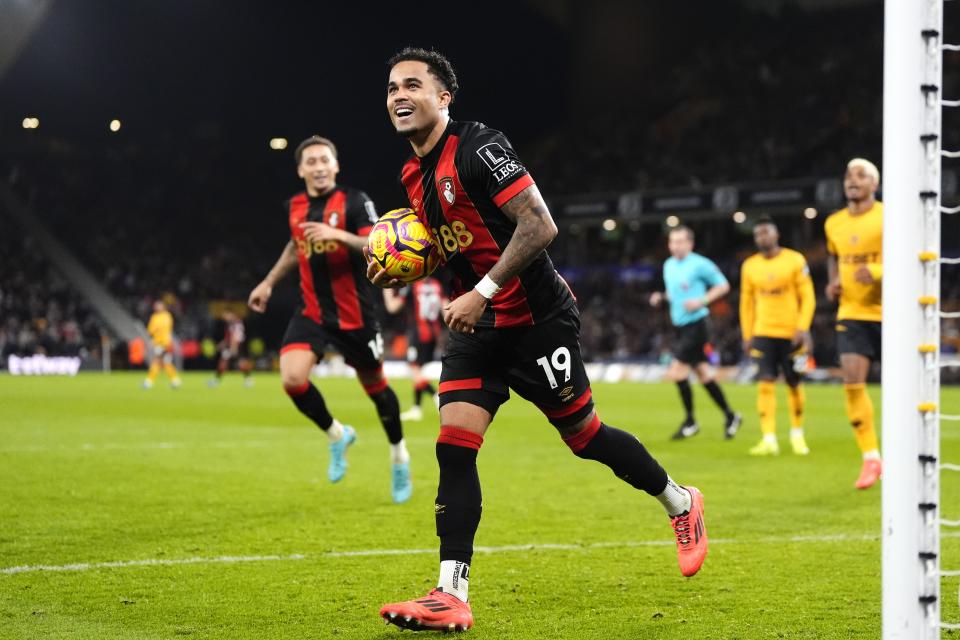 Bournemouth’s Justin Kluivert celebrates completing a hat-trick of penalties against Wolves (Nick Potts/PA). (PA Wire)